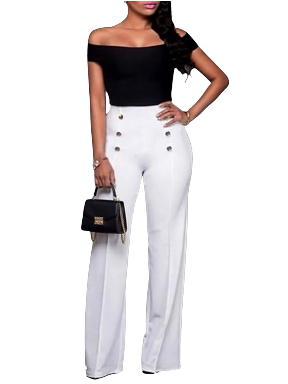 NWT Michael Kors White High-Waist Wide-Leg Sailor Pants with Gold Buttons